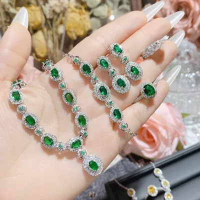 Luxury Green Stone Necklace Earring Bracelet Ring Set (5 pcs)